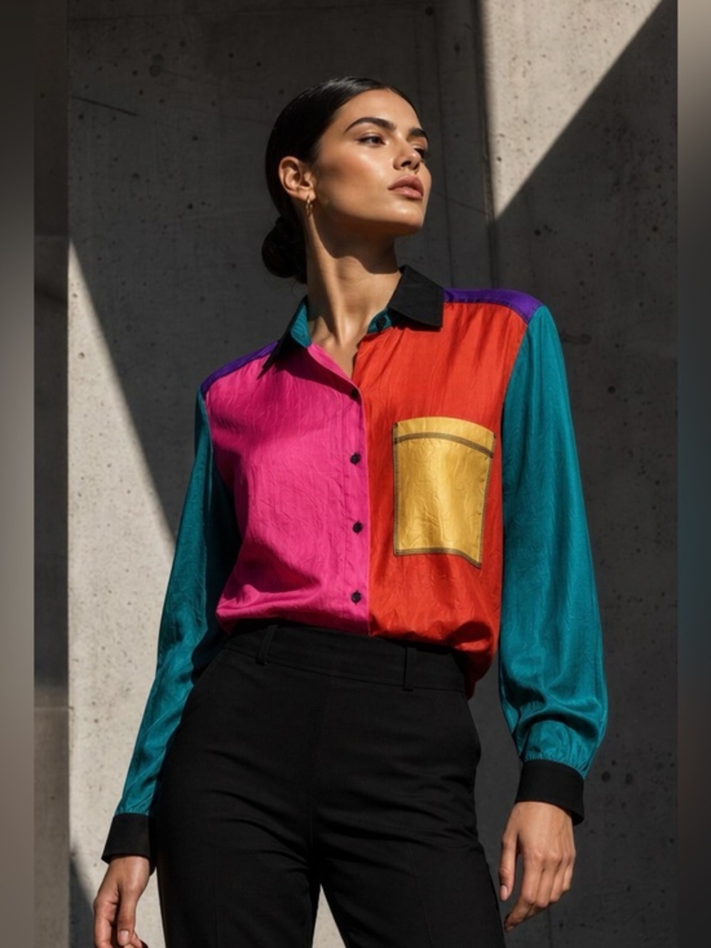 Laura Jensen Colorblock Button-Down Shirt in Pink, Red, Teal & Yellow